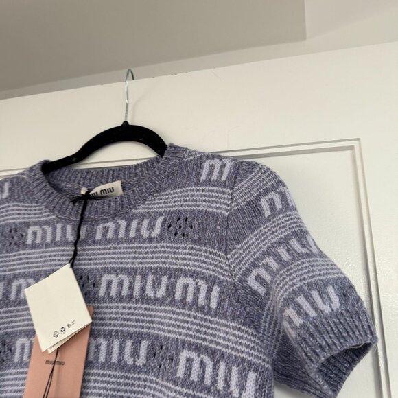 NWT Miu Miu Logo Intarsia Knit Shift Mini Dress Purple Cashmere Crew Neck Sz 38 - Picture 6 of 9